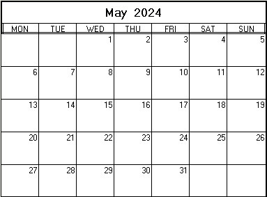 printable blank calendar image for May 2024
