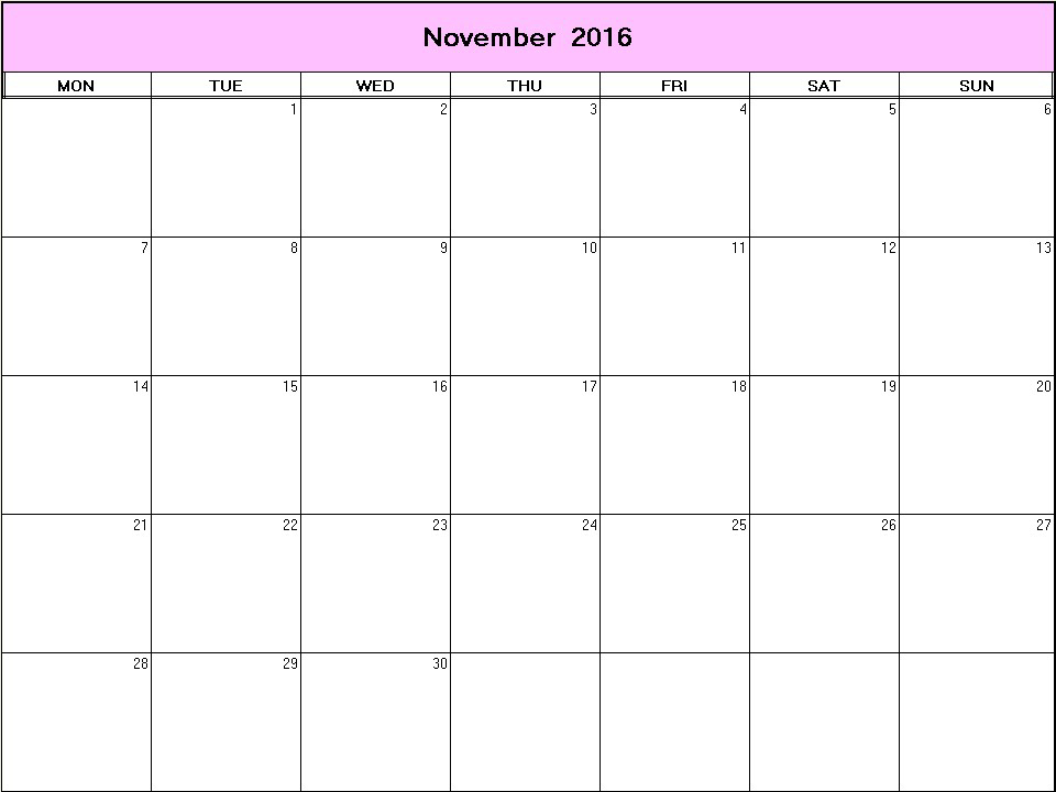printable blank calendar image for November 2016