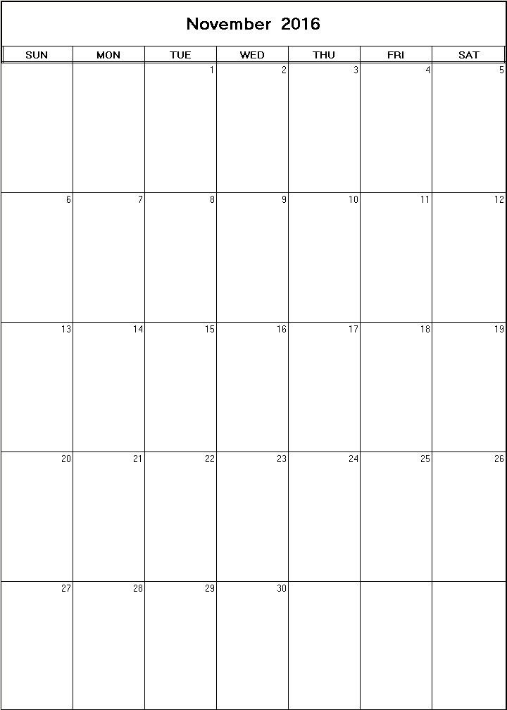 printable blank calendar image for November 2016