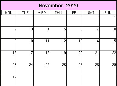 printable blank calendar image for November 2020