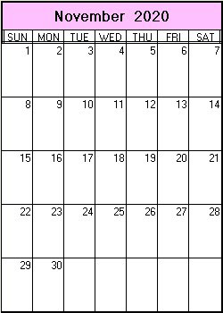 printable blank calendar image for November 2020