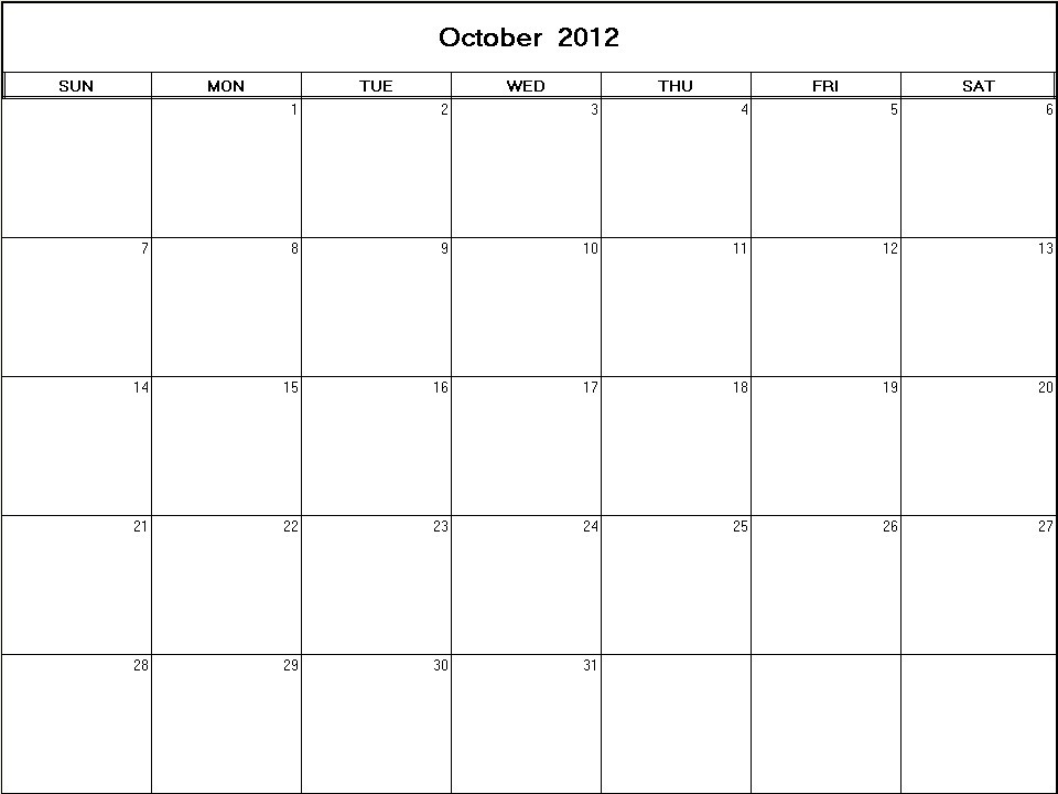 printable blank calendar image for October 2012