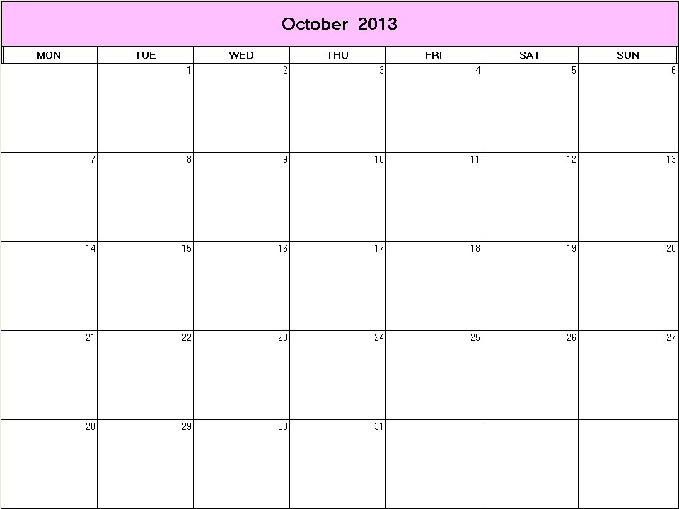 printable blank calendar image for October 2013
