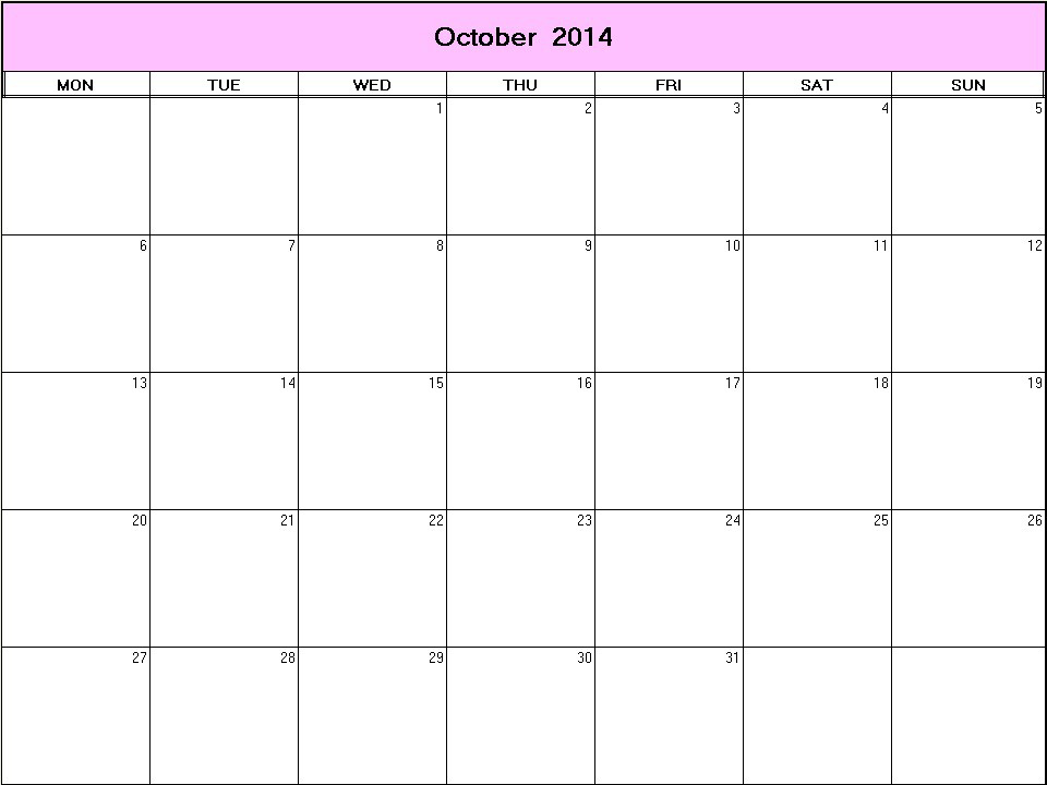 printable blank calendar image for October 2014