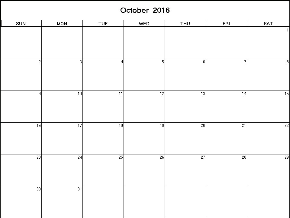 printable blank calendar image for October 2016