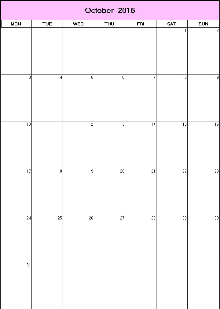 printable blank calendar image for October 2016