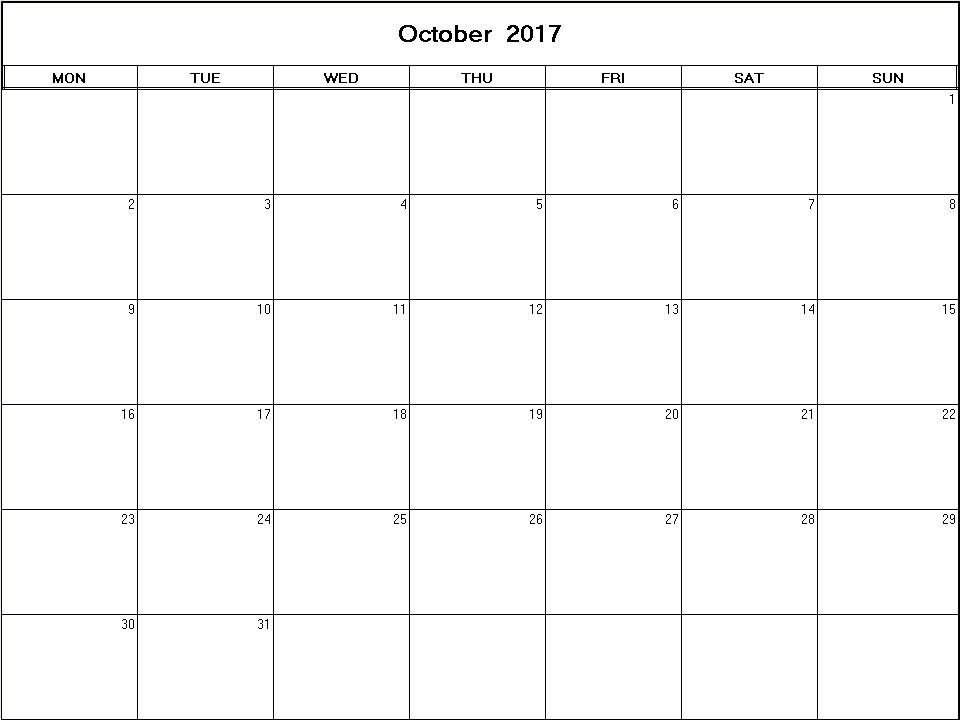 printable blank calendar image for October 2017