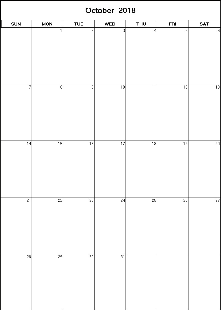 printable blank calendar image for October 2018