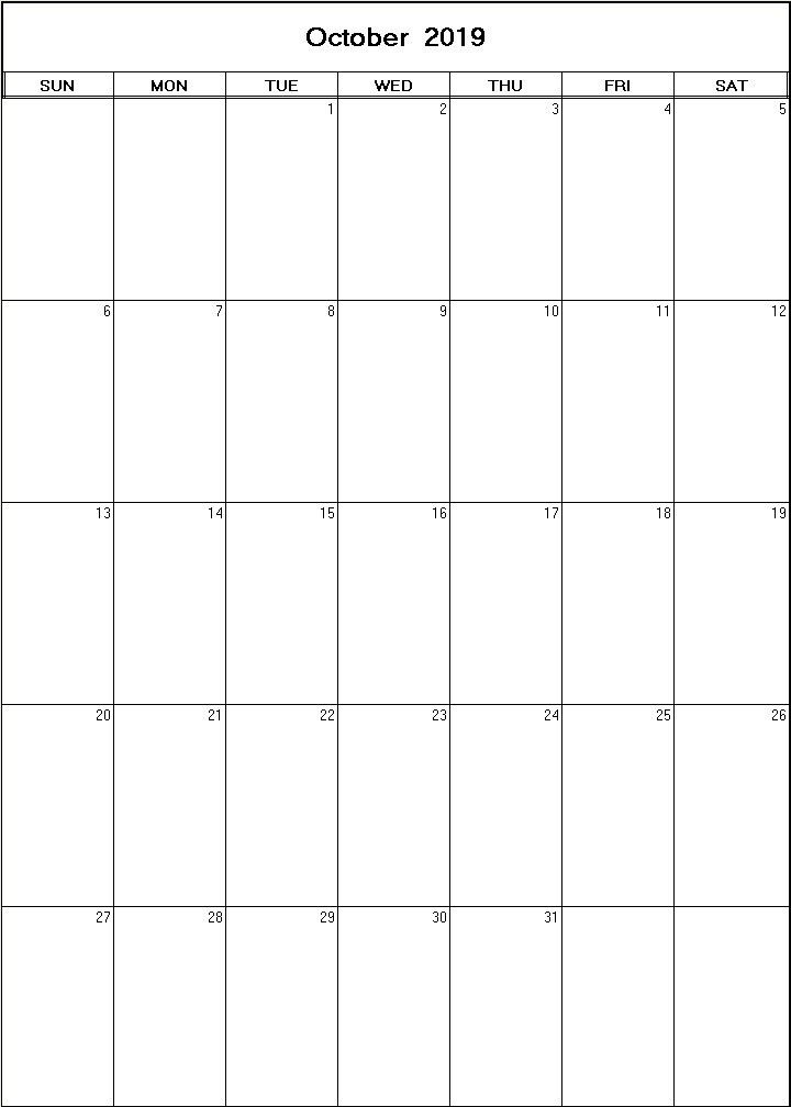 printable blank calendar image for October 2019