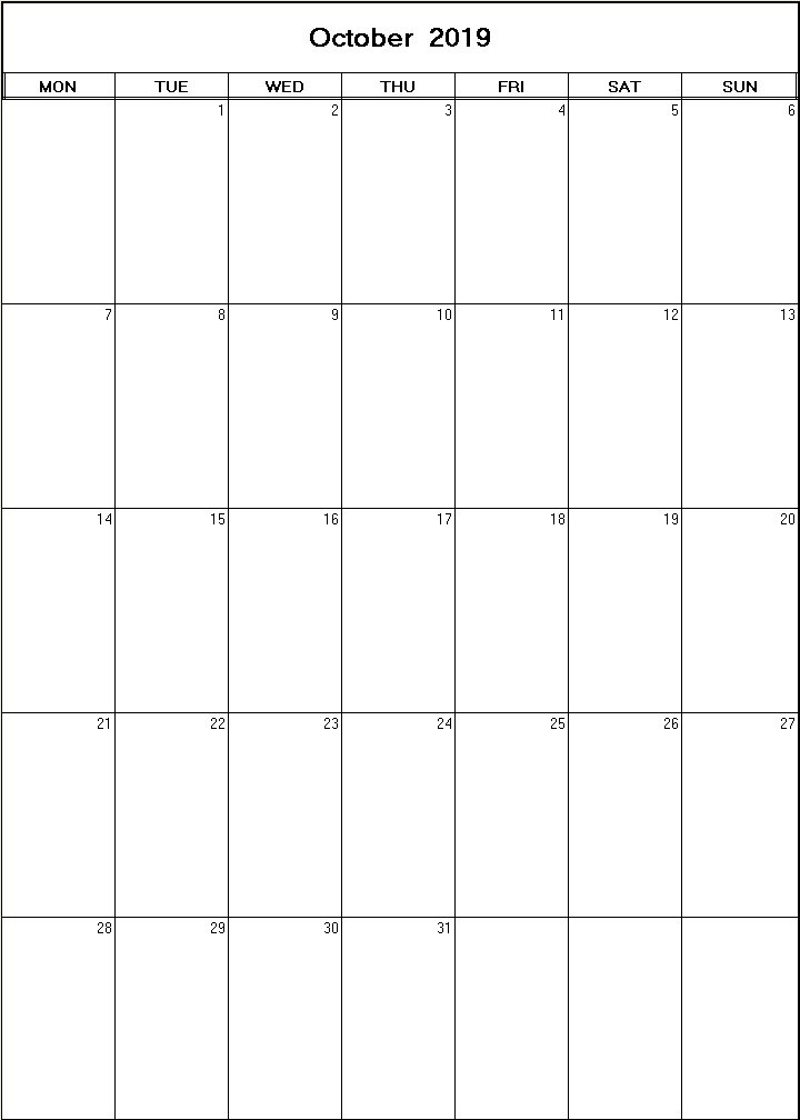 printable blank calendar image for October 2019