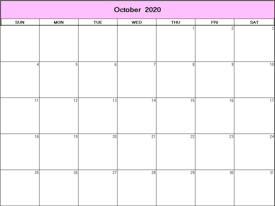 printable blank calendar image for October 2020
