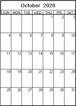 printable blank calendar image for October 2020