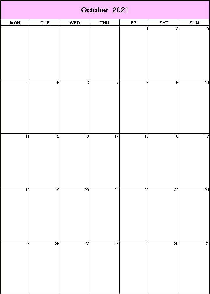 printable blank calendar image for October 2021
