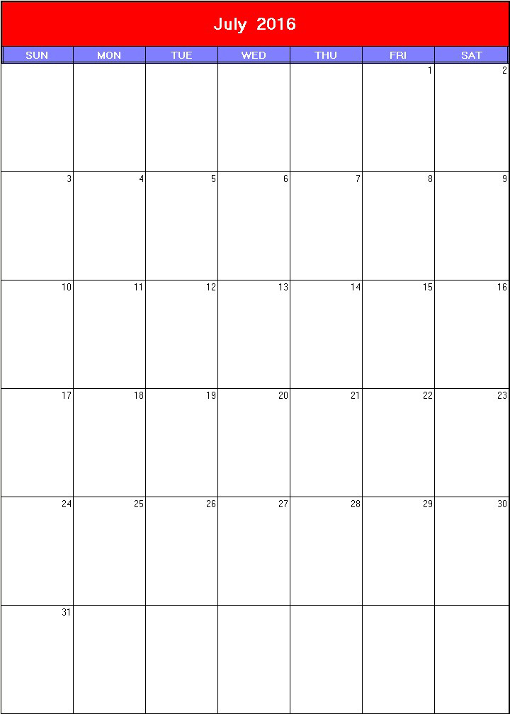 printable blank calendar image for Patriotic 2016