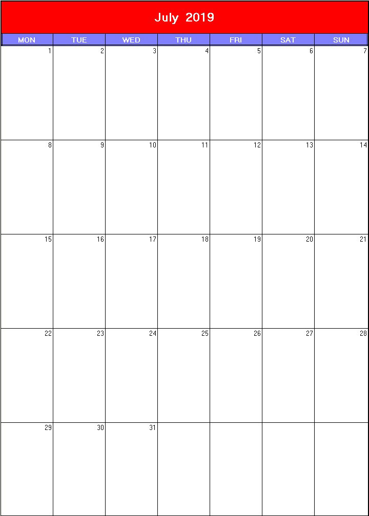 printable blank calendar image for Patriotic 2019