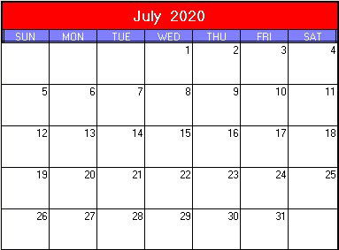 printable blank calendar image for Patriotic 2020