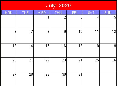 printable blank calendar image for Patriotic 2020