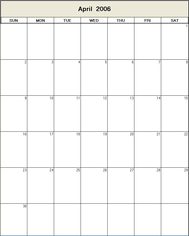 printable blank calendar image for April 2006