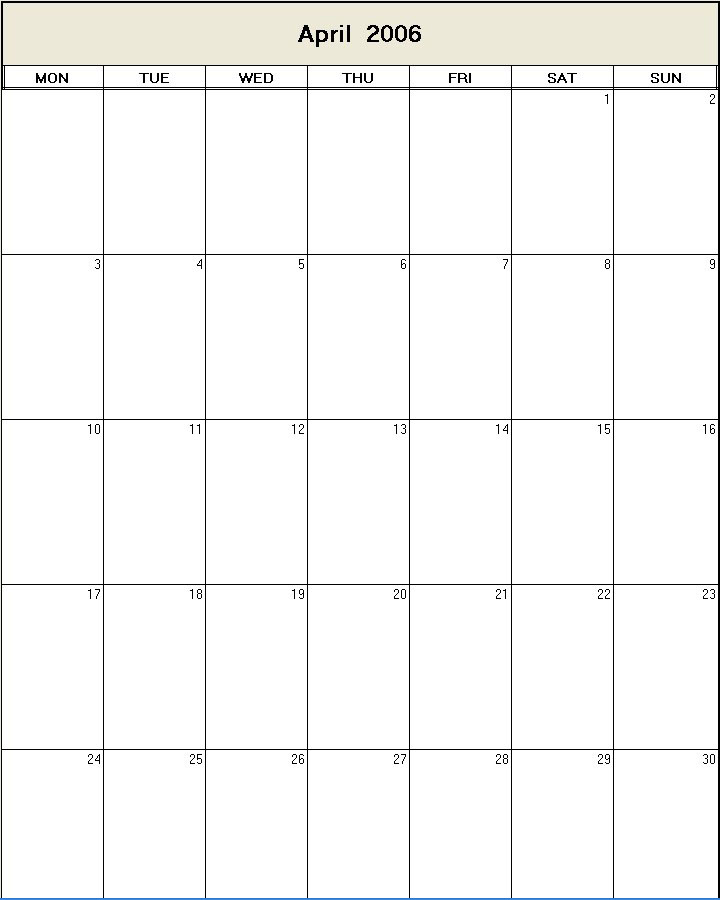printable blank calendar image for April 2006