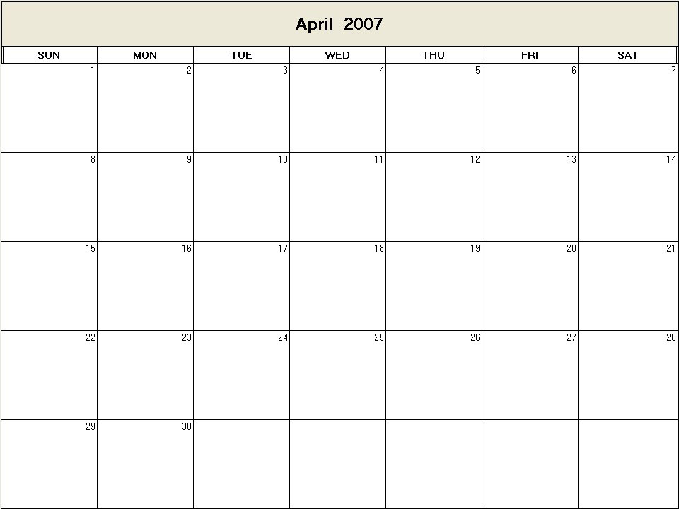 printable blank calendar image for April 2007