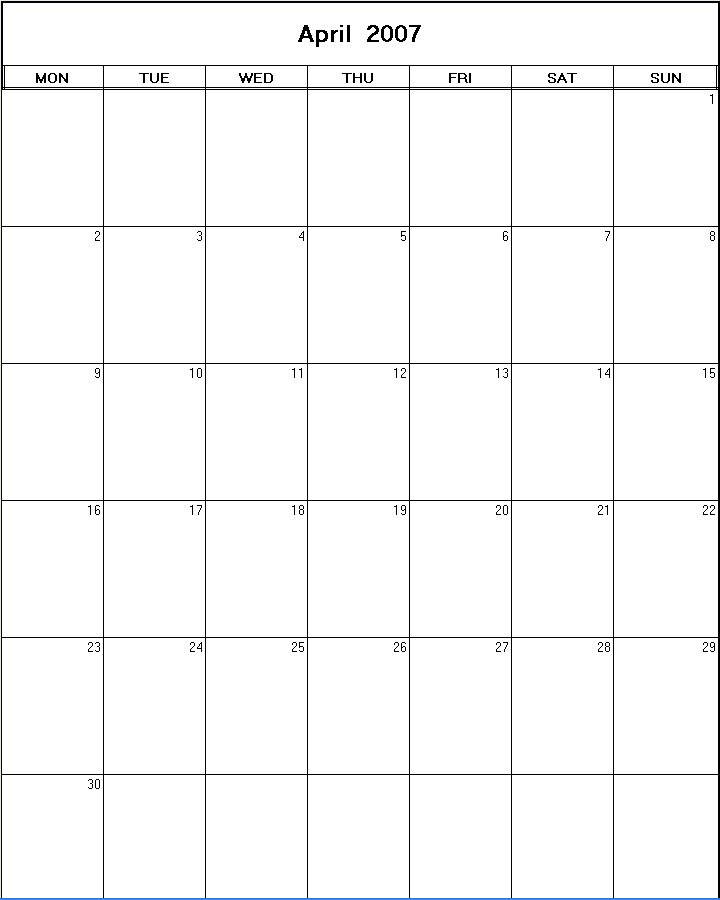 printable blank calendar image for April 2007
