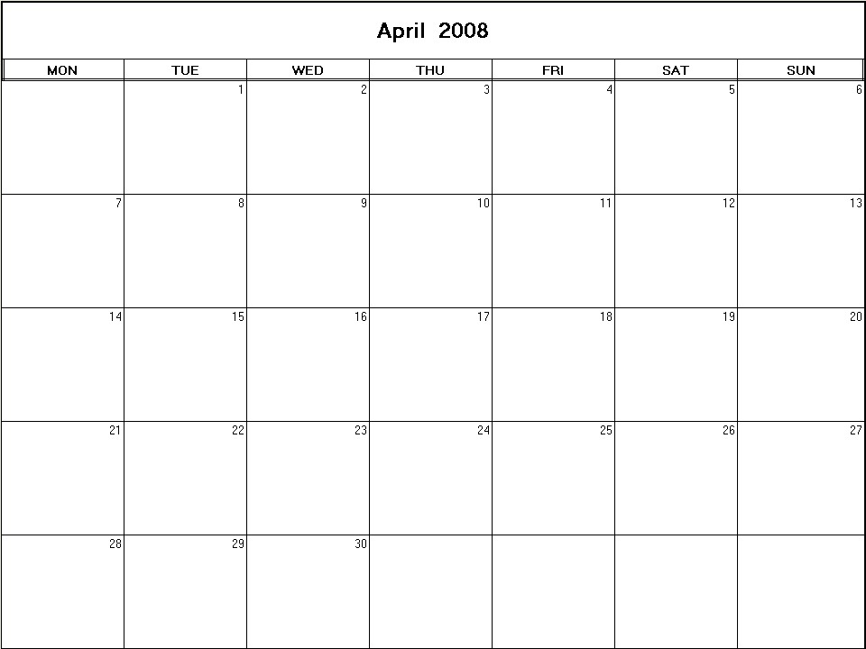 printable blank calendar image for April 2008