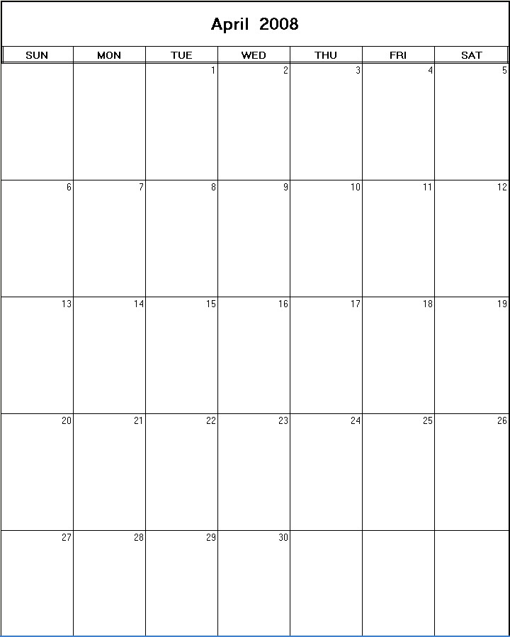 printable blank calendar image for April 2008