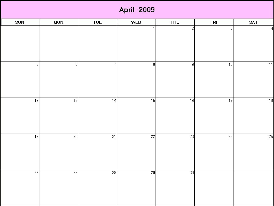 printable blank calendar image for April 2009