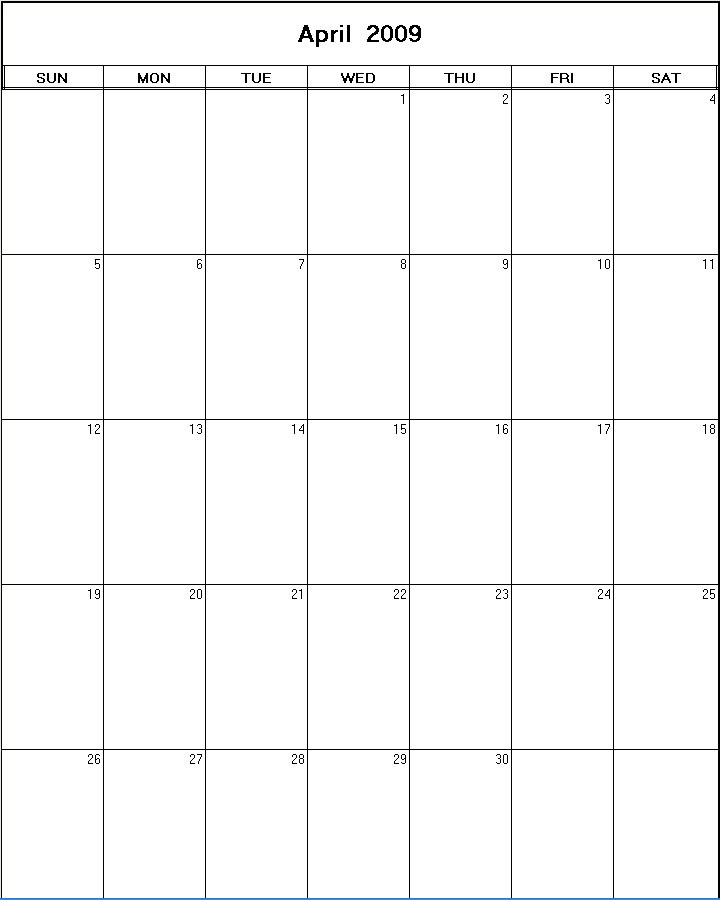 printable blank calendar image for April 2009