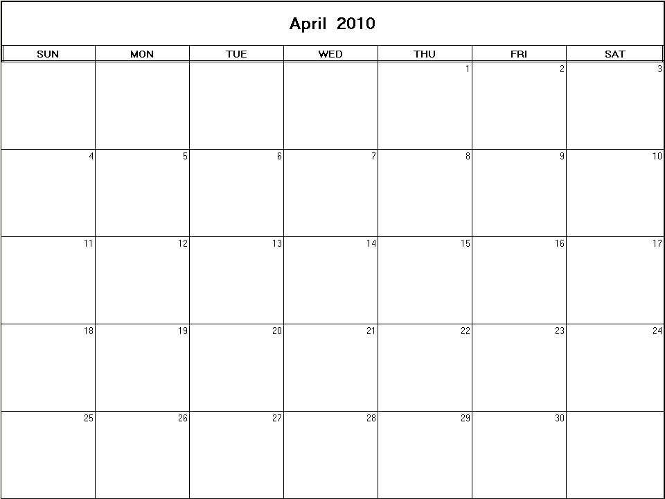 printable blank calendar image for April 2010