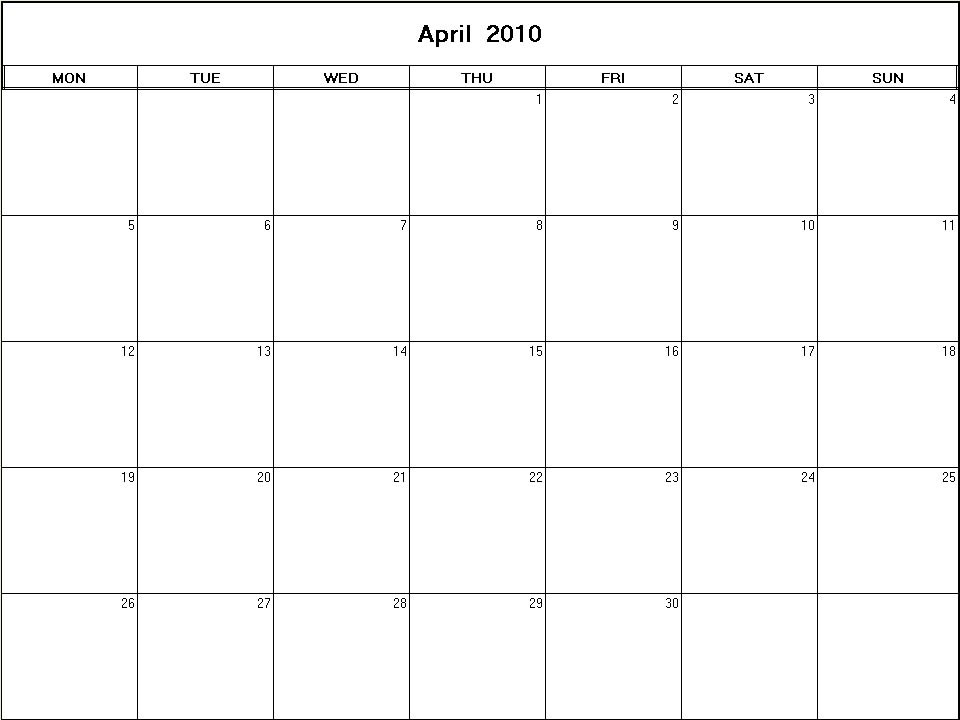 printable blank calendar image for April 2010