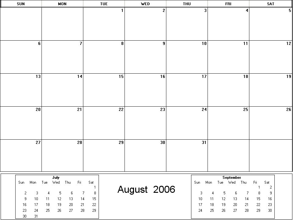 printable blank calendar image for August 2006