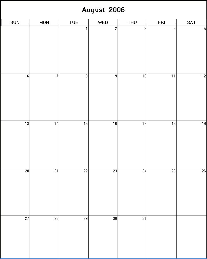 printable blank calendar image for August 2006