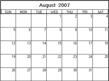 August 2007 Printable Calendar