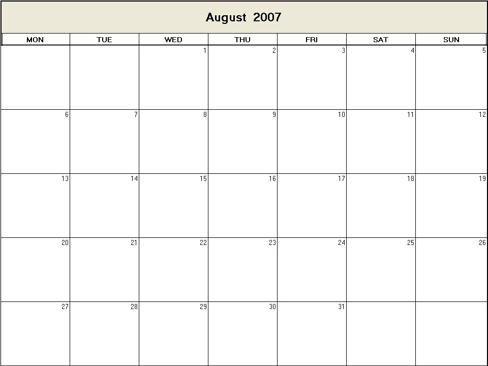printable blank calendar image for August 2007