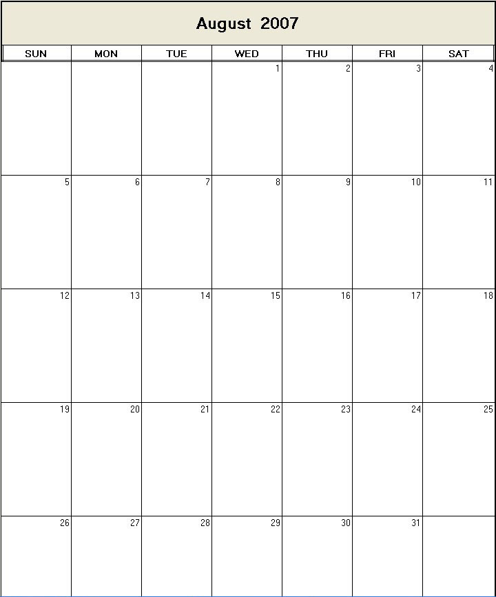 printable blank calendar image for August 2007