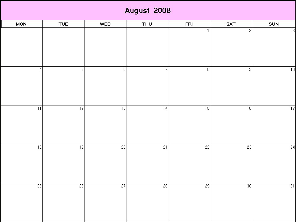 printable blank calendar image for August 2008