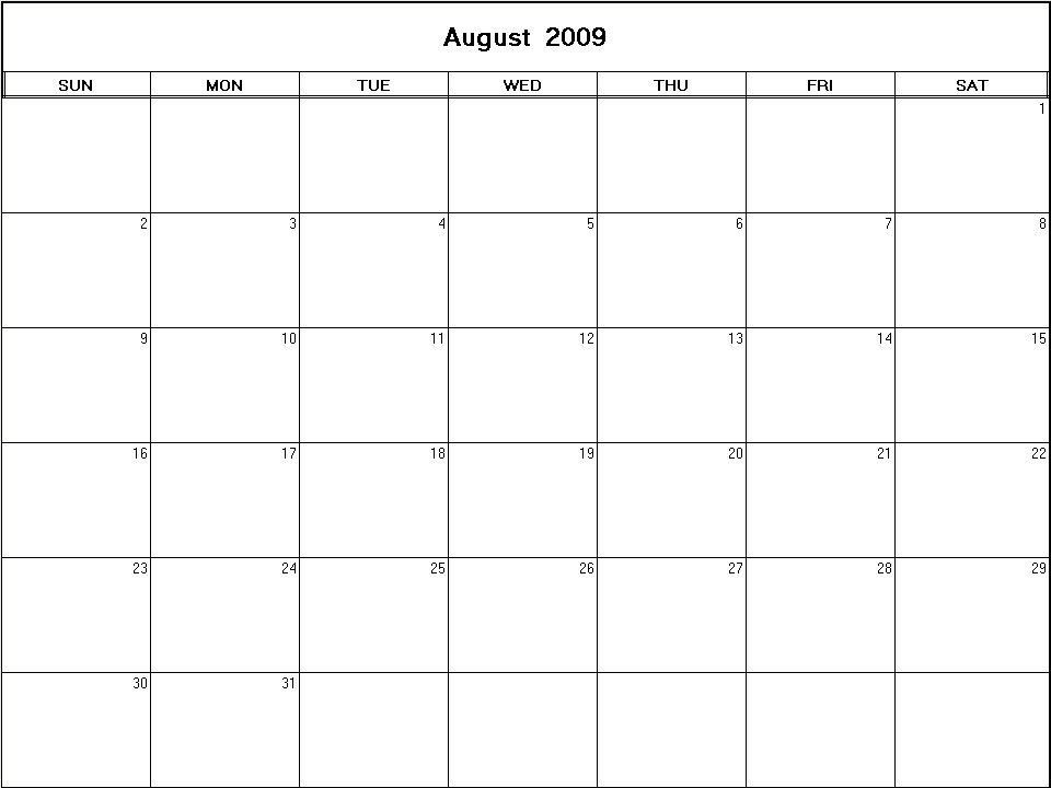 printable blank calendar image for August 2009