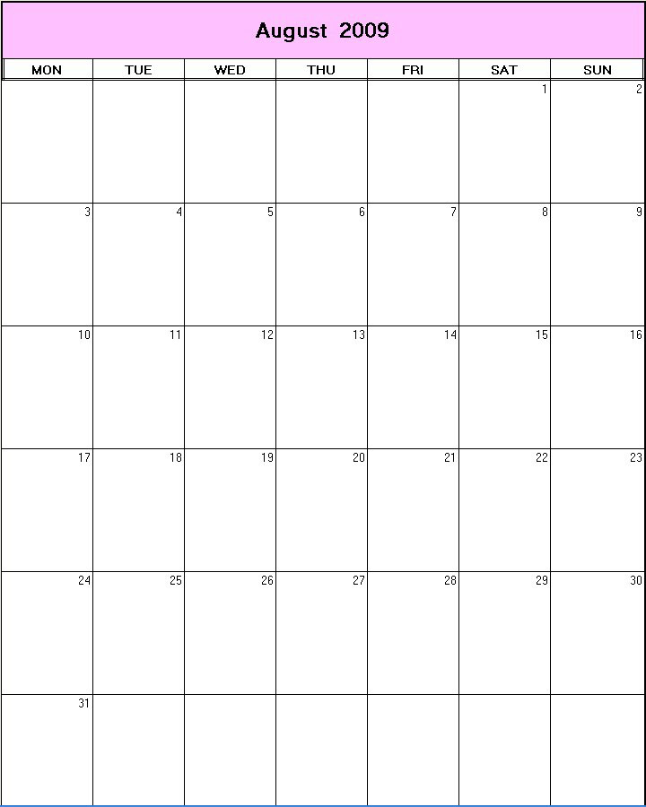 printable blank calendar image for August 2009