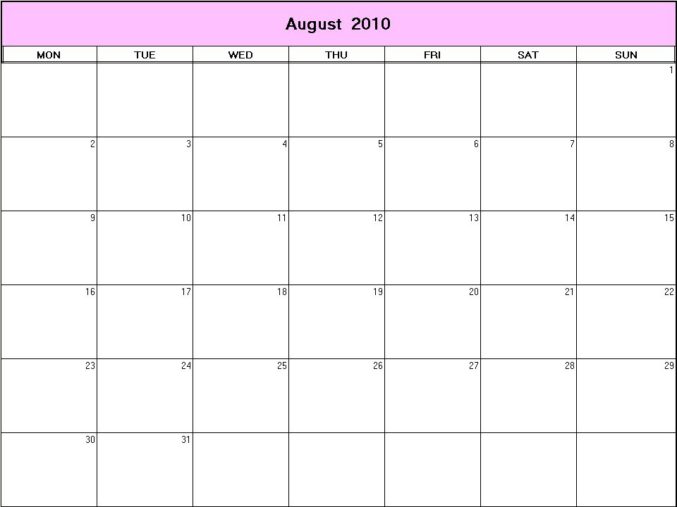 printable blank calendar image for August 2010