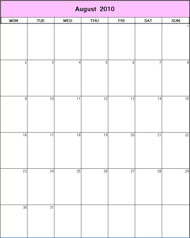 August 2010 printable blank calendar