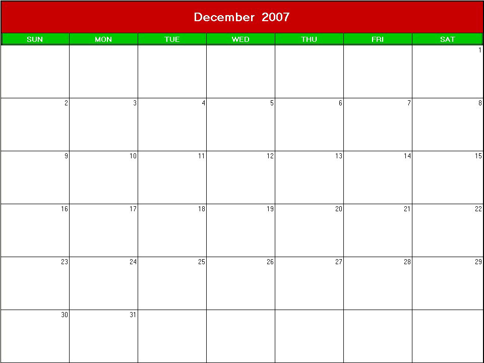 printable blank calendar image for christmas 2007