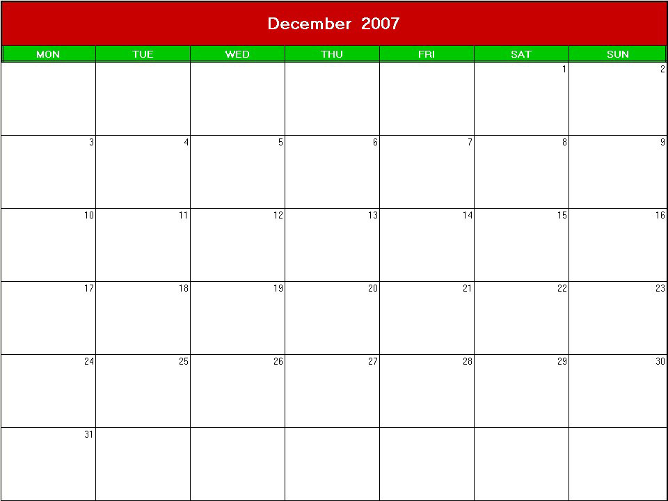printable blank calendar image for christmas 2007