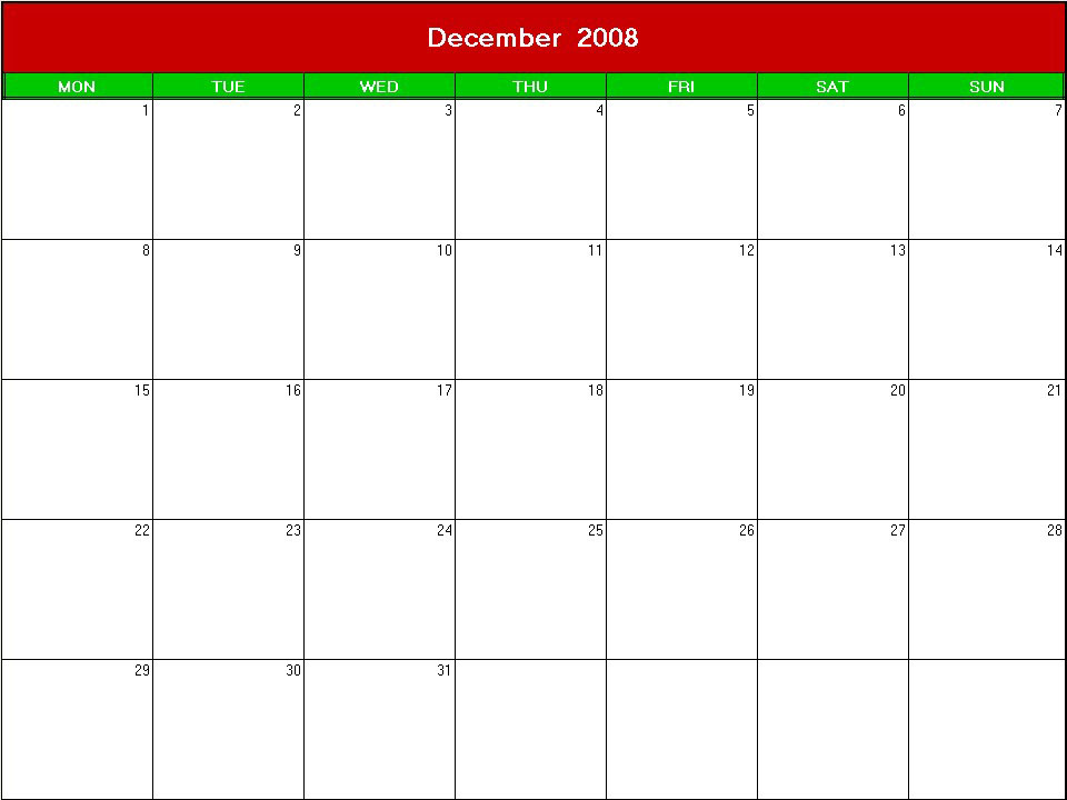 printable blank calendar image for christmas 2008