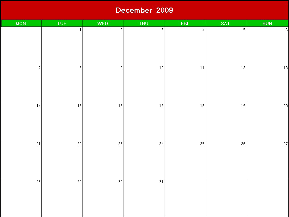 printable blank calendar image for christmas 2009