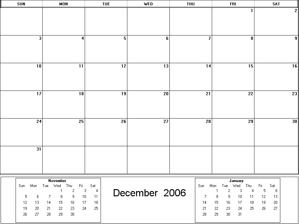 printable blank calendar image for December 2006