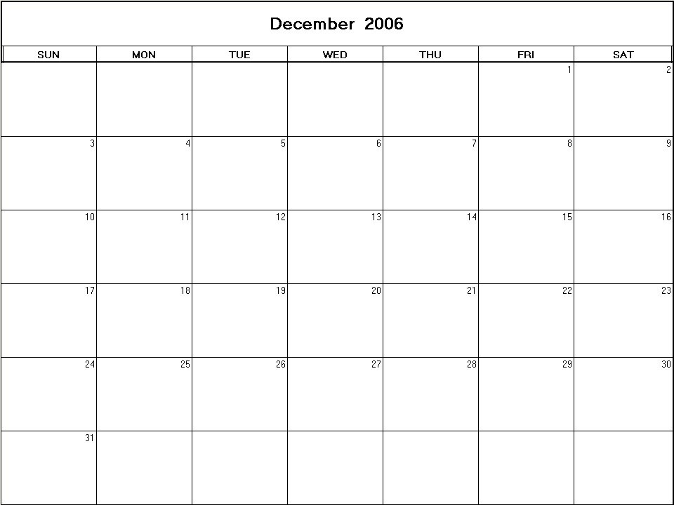 printable blank calendar image for December 2006