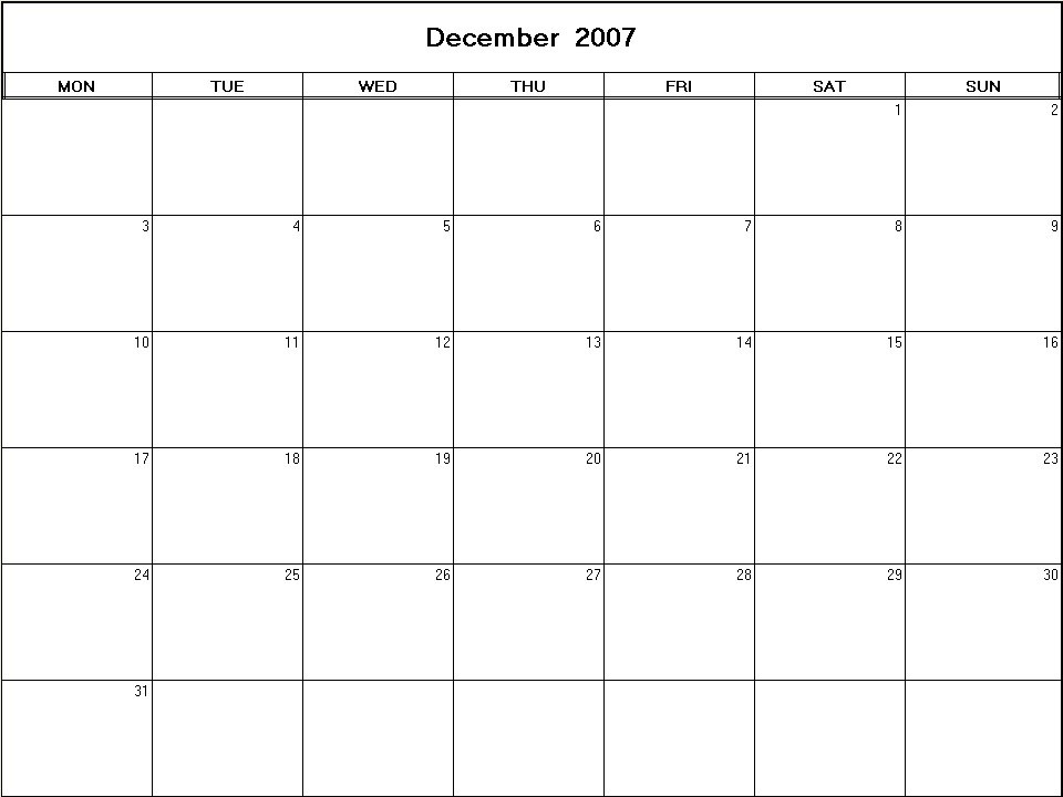 printable blank calendar image for December 2007