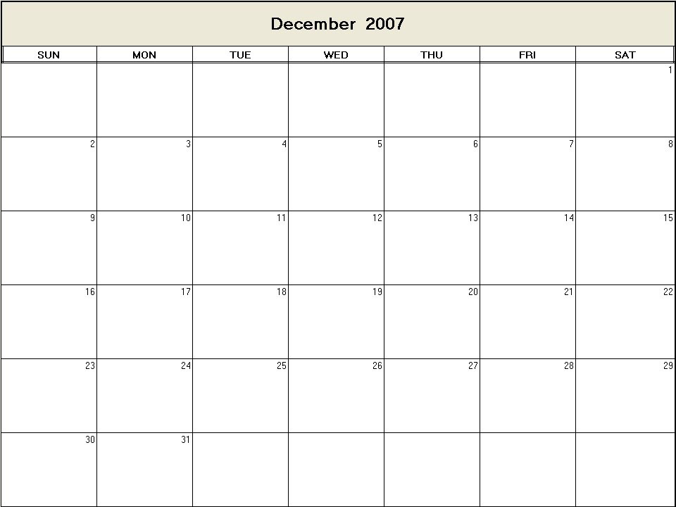 printable blank calendar image for December 2007