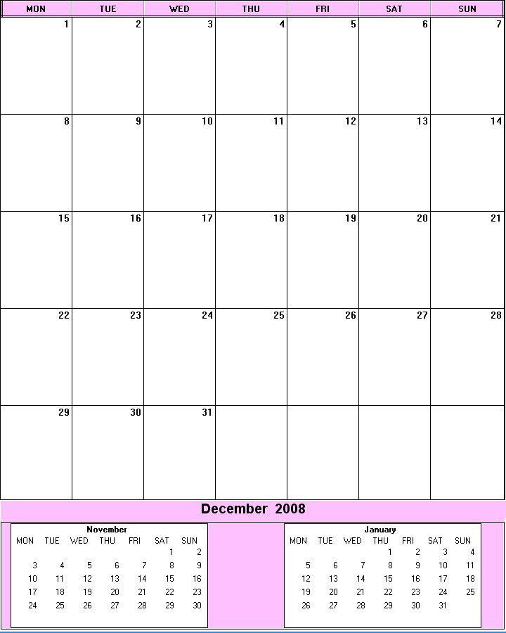 printable blank calendar image for December 2008